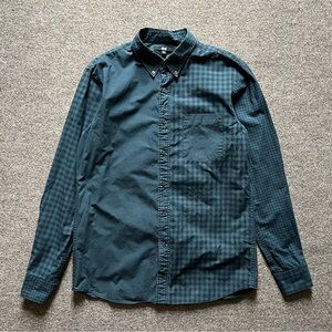 Uniqlo Checkered Colorblock Navy Green Button Down Shirt Long Sleeve Mens Size M